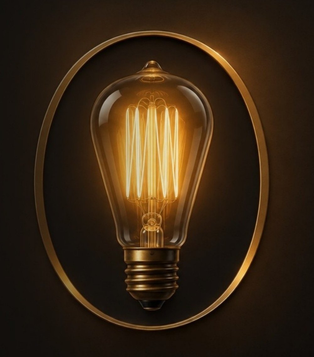 A vintage Edison lightbulb glowing warm gold against dark charcoal